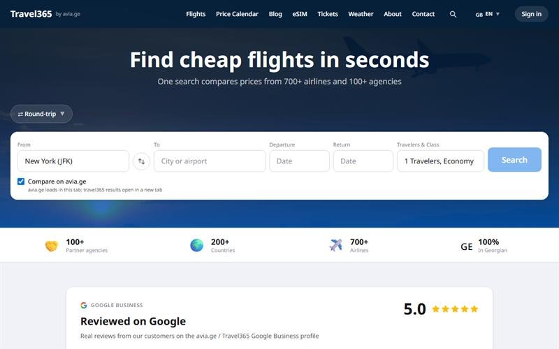 travel365.ge — ავიაბილეთების ძიება. WebKing.ge-ს მიერ დამზადებული ვებსაიტი.